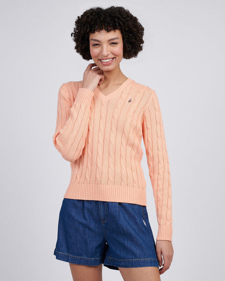 Womens V-Neck Cable Jumper in Peach Nectar