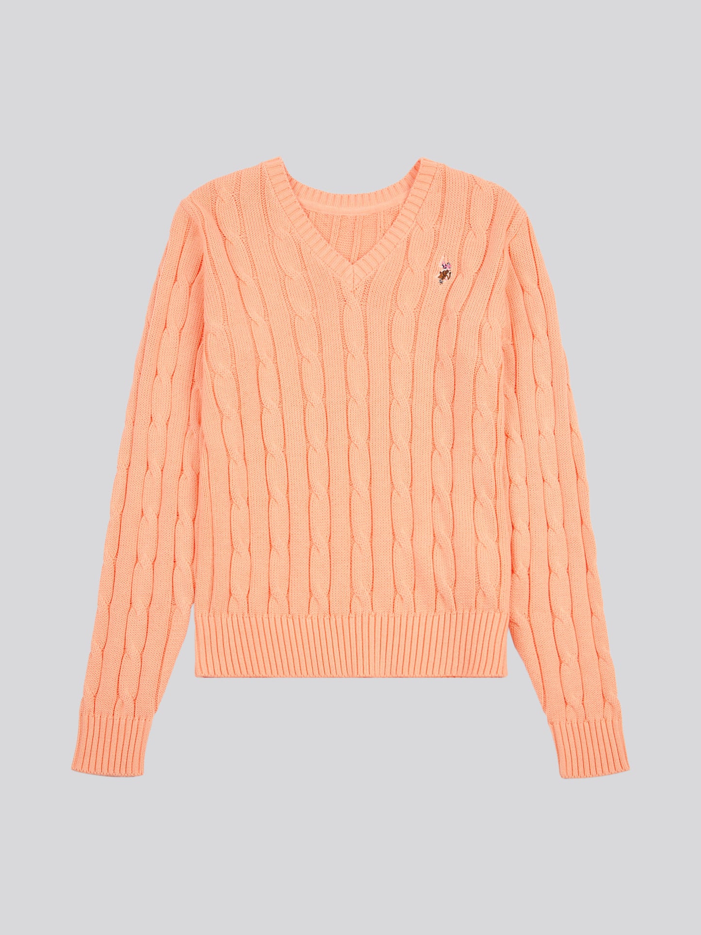 Womens V-Neck Cable Jumper in Peach Nectar