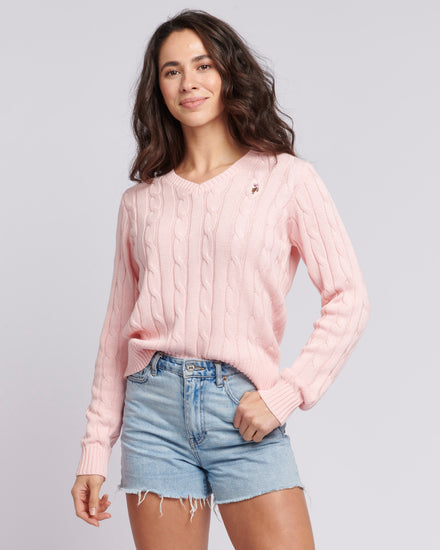 Womens V-Neck Cable Jumper in Crystal Rose