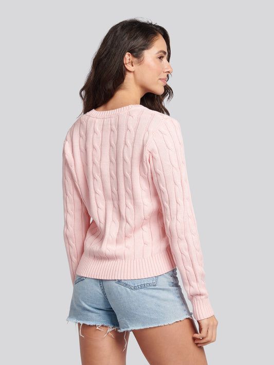 Womens V-Neck Cable Jumper in Crystal Rose