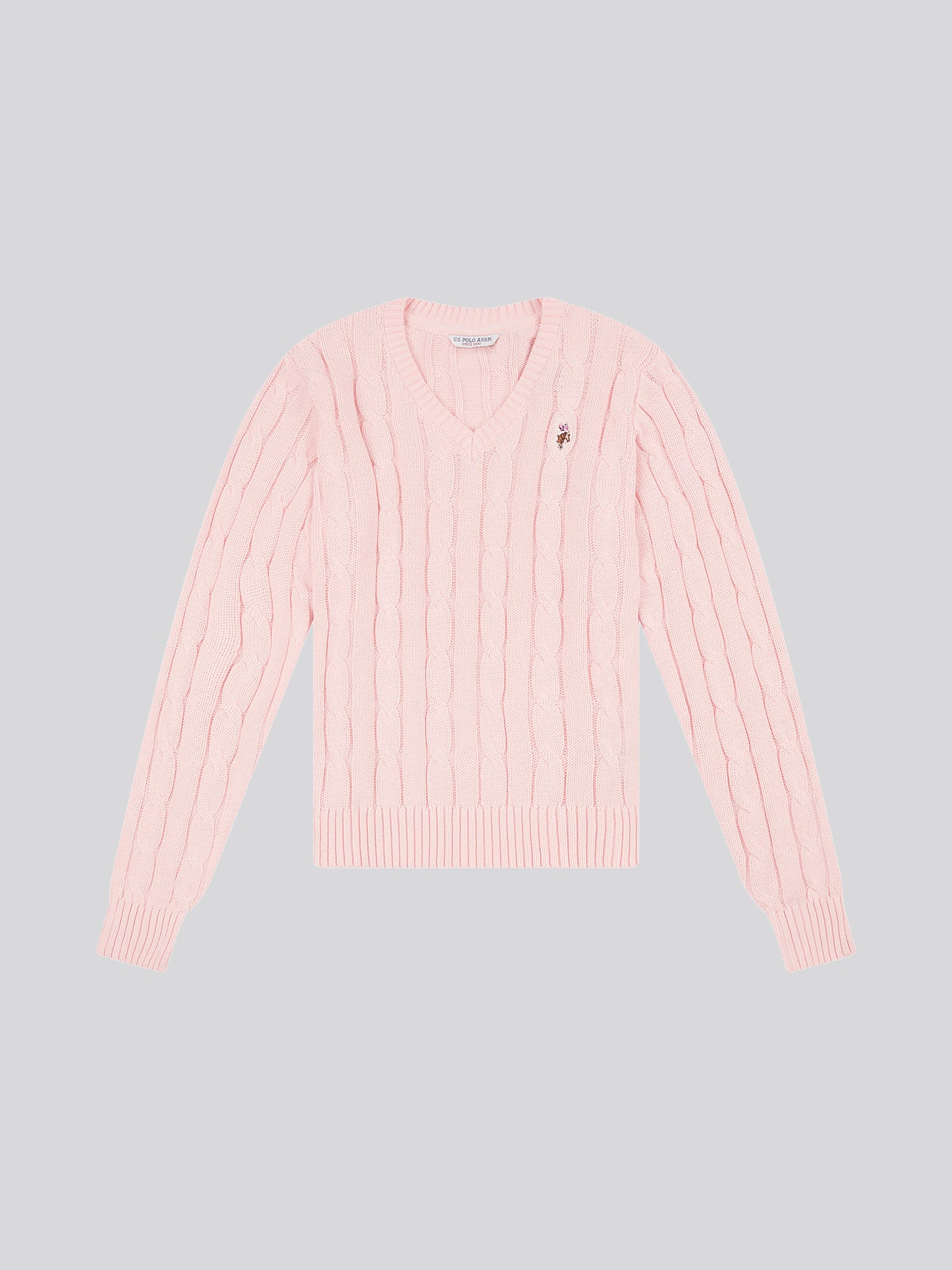 Womens V-Neck Cable Jumper in Crystal Rose