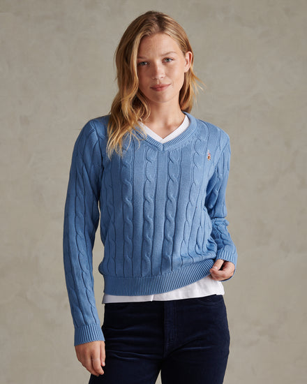 Womens V-Neck Cable Jumper Azurine