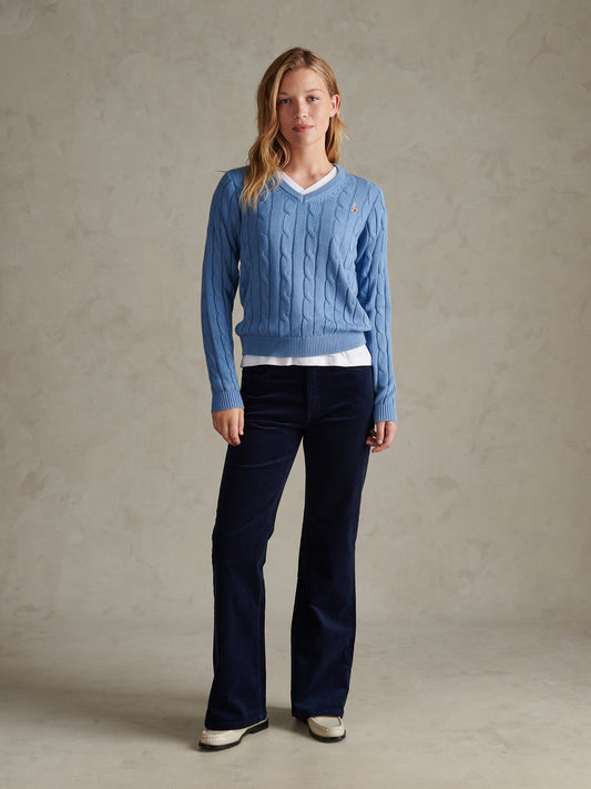 Womens V-Neck Cable Jumper Azurine