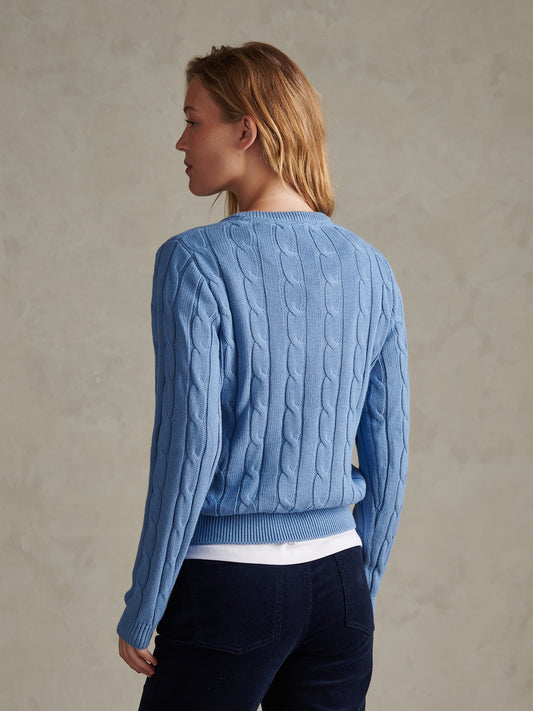 Womens V-Neck Cable Jumper Azurine