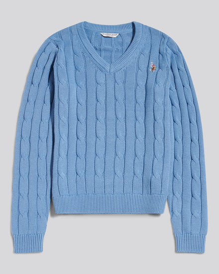 Womens V-Neck Cable Jumper Azurine