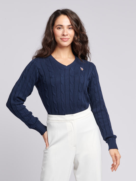 Womens V-Neck Cable Jumper in Navy Iris