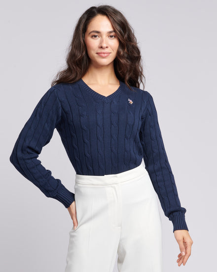 Womens V-Neck Cable Jumper in Navy Iris