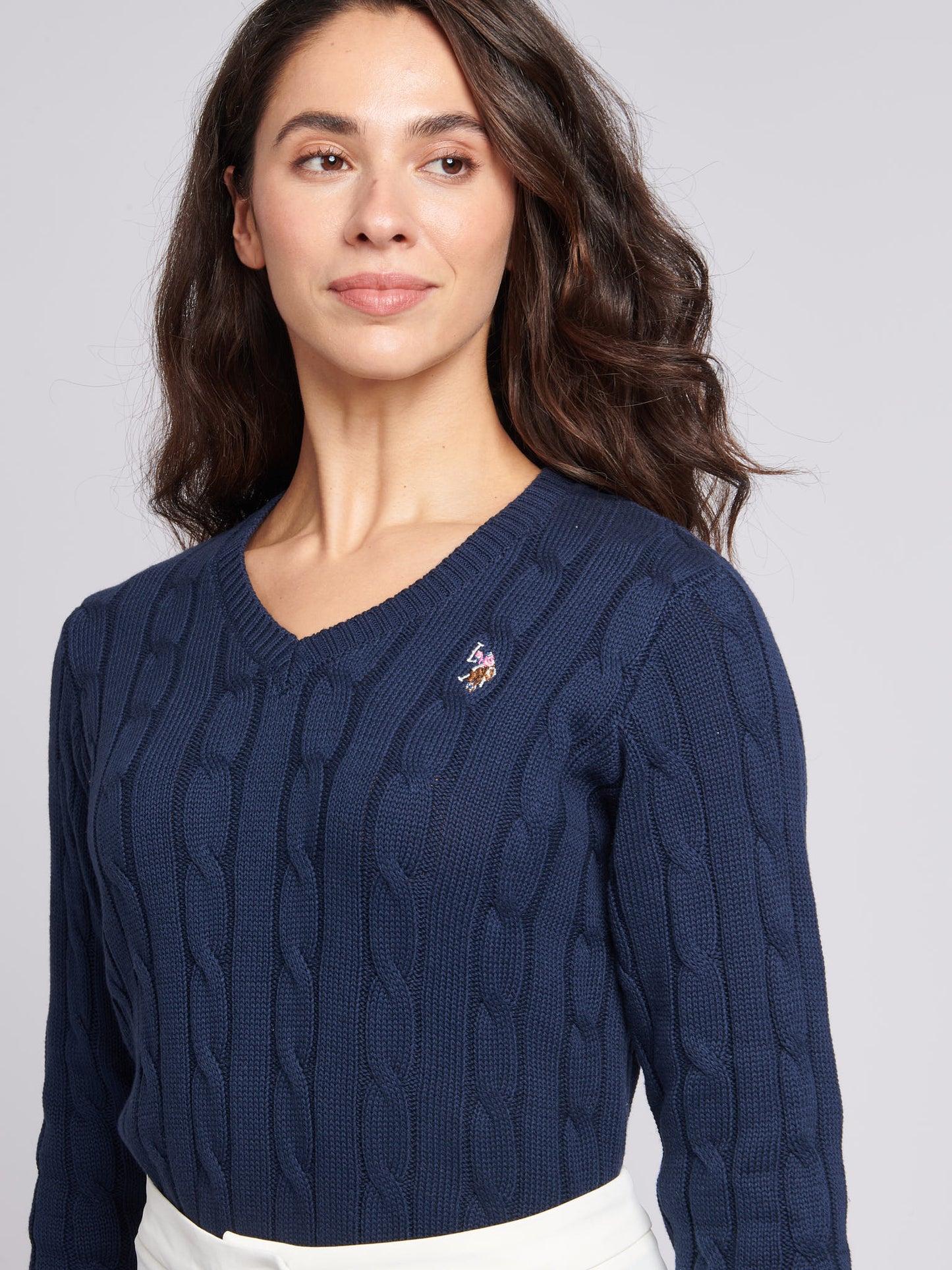 Womens V-Neck Cable Jumper in Navy Iris