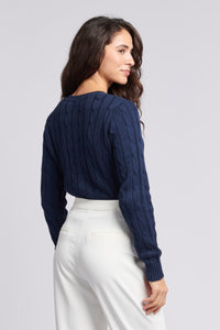 Womens V-Neck Cable Knit Jumper in Navy Iris