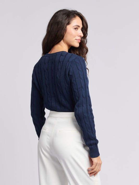 Womens V-Neck Cable Jumper in Navy Iris