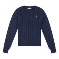 Womens V-Neck Cable Knit Jumper in Navy Iris