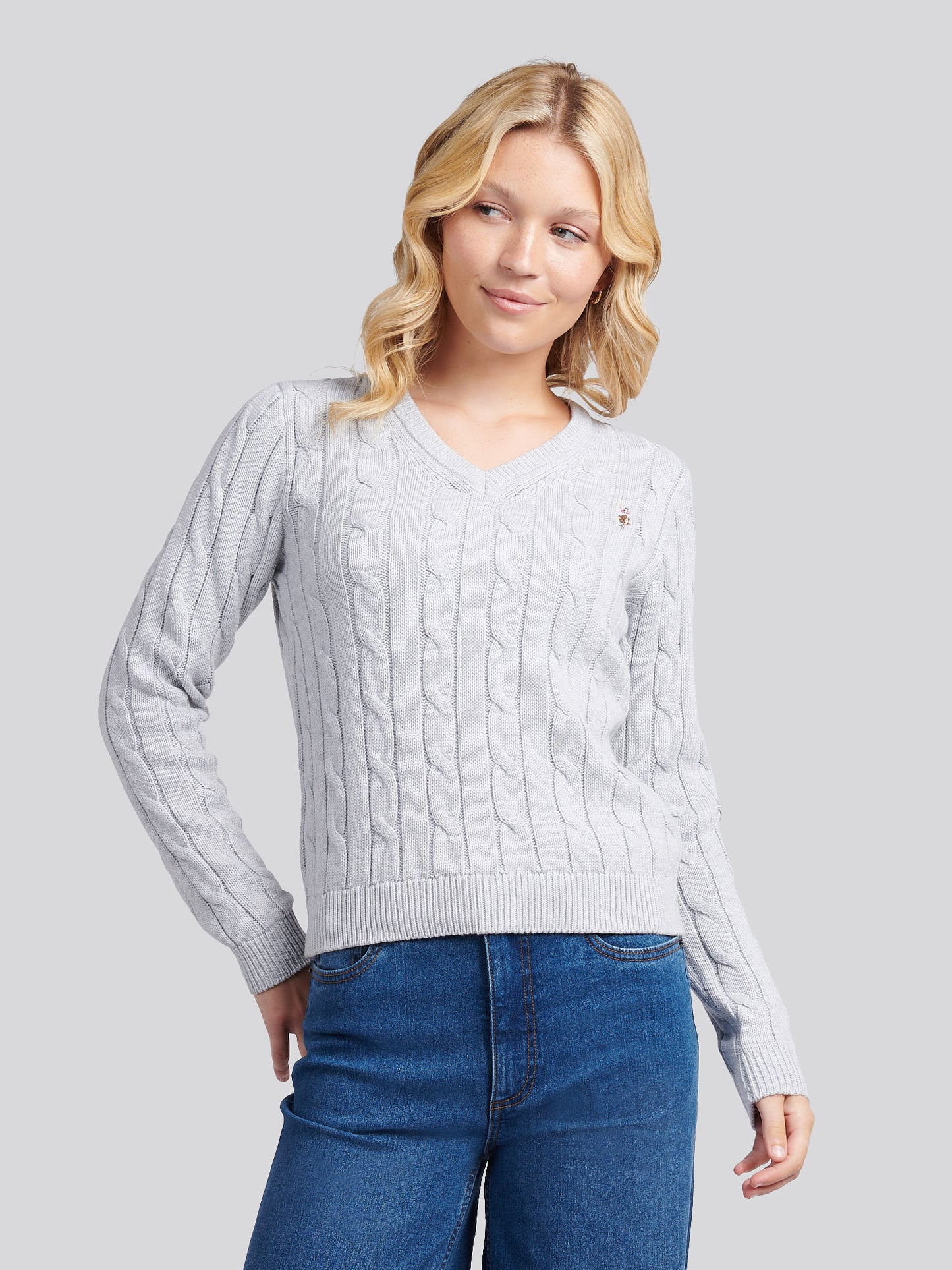 Womens V-Neck Cable Jumper in Pearl Grey Marl