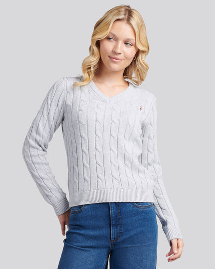 Womens V-Neck Cable Jumper in Pearl Grey Marl