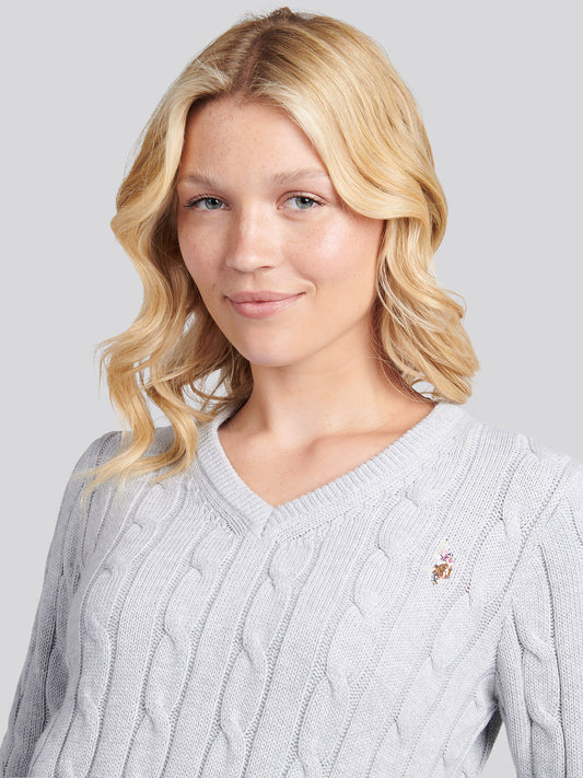 Womens V-Neck Cable Jumper in Pearl Grey Marl