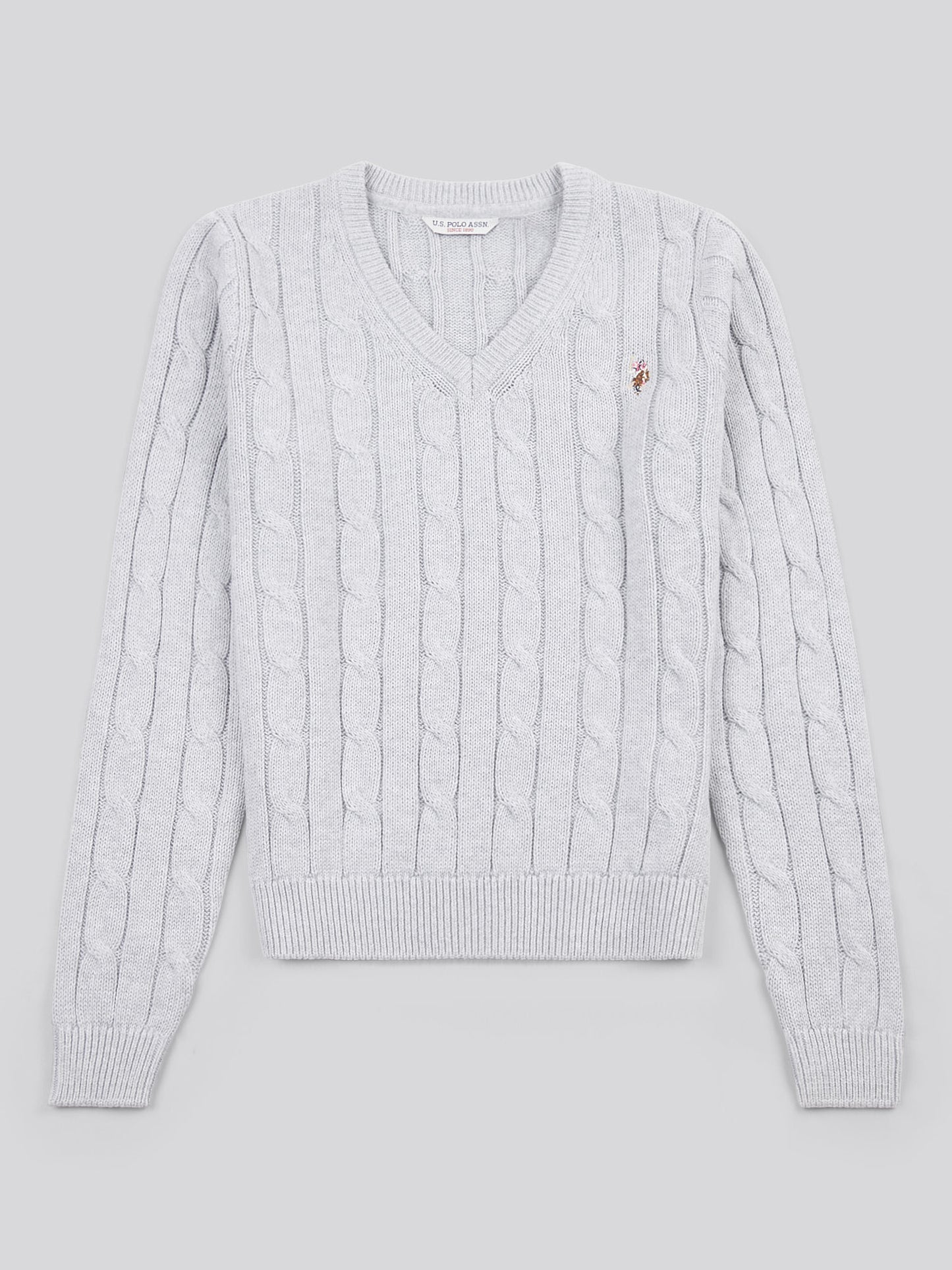 Womens V-Neck Cable Jumper in Pearl Grey Marl