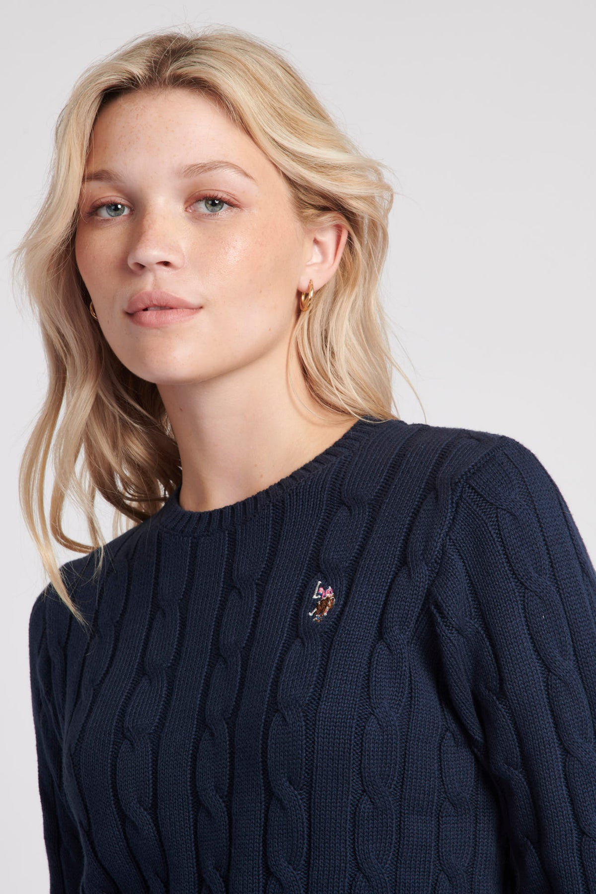 Womens Crew Neck Cable Knit Jumper in Navy Blue