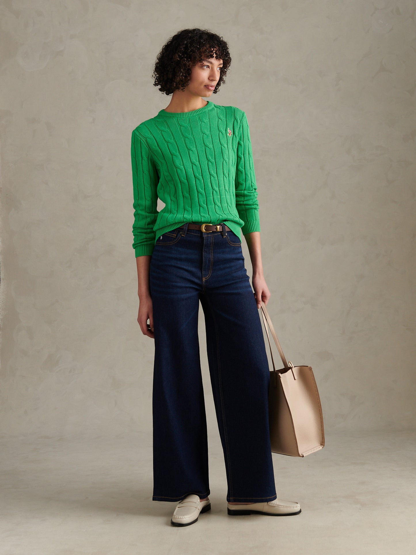 Womens Crew Neck Cable Jumper Kelly Green