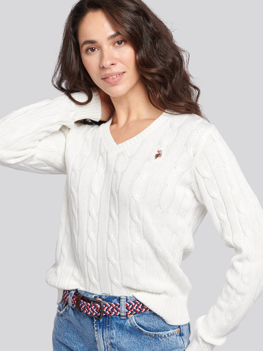 Womens Crew Neck Cable Jumper in Marshmallow