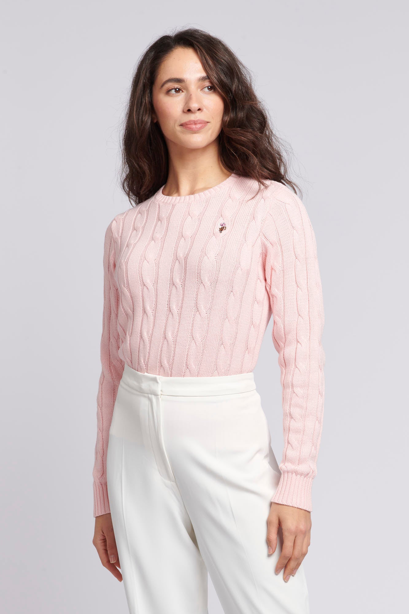 Womens Crew Neck Cable Knit Jumper in Crystal Rose