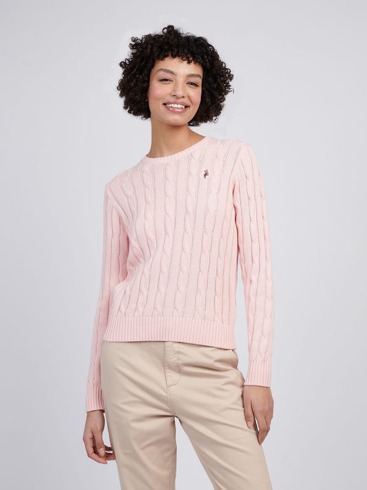 Womens Crew Neck Cable Jumper in Crystal Rose