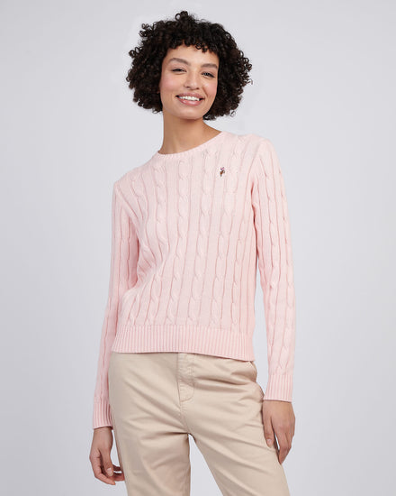 Womens Crew Neck Cable Jumper in Crystal Rose