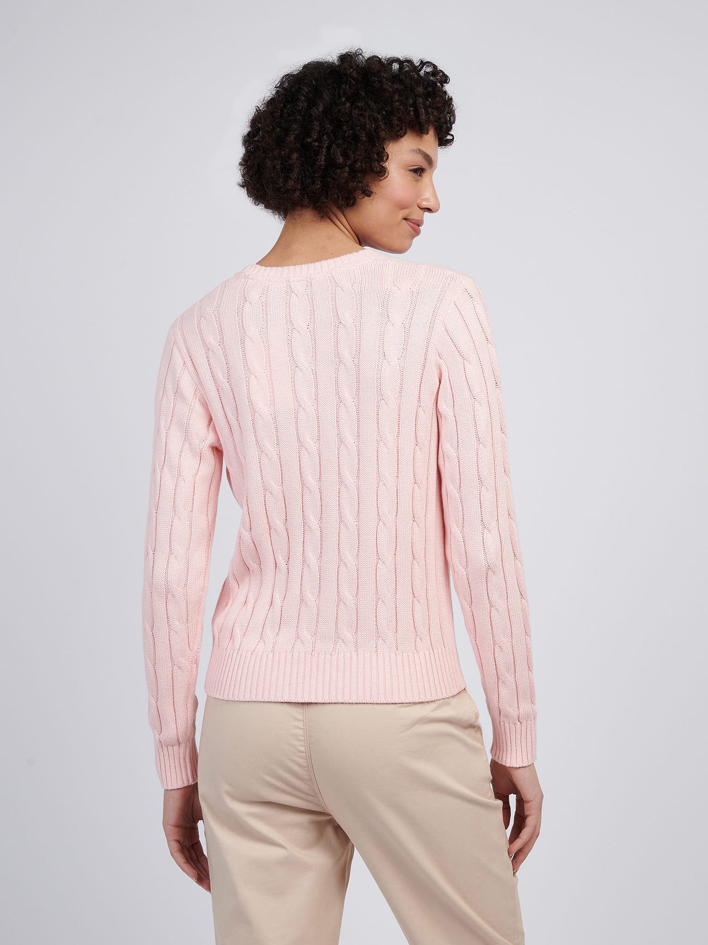 Womens Crew Neck Cable Jumper in Crystal Rose