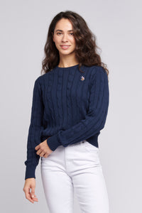 Womens Crew Neck Cable Knit Jumper in Navy Iris