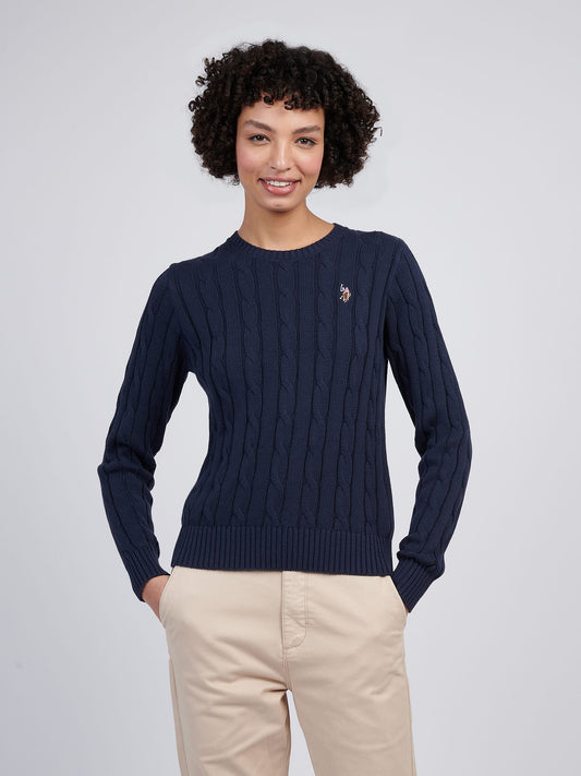 Womens Crew Neck Cable Jumper in Navy Iris