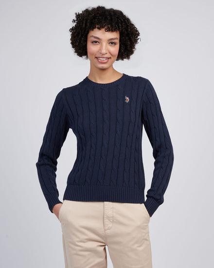 Womens Crew Neck Cable Jumper in Navy Iris