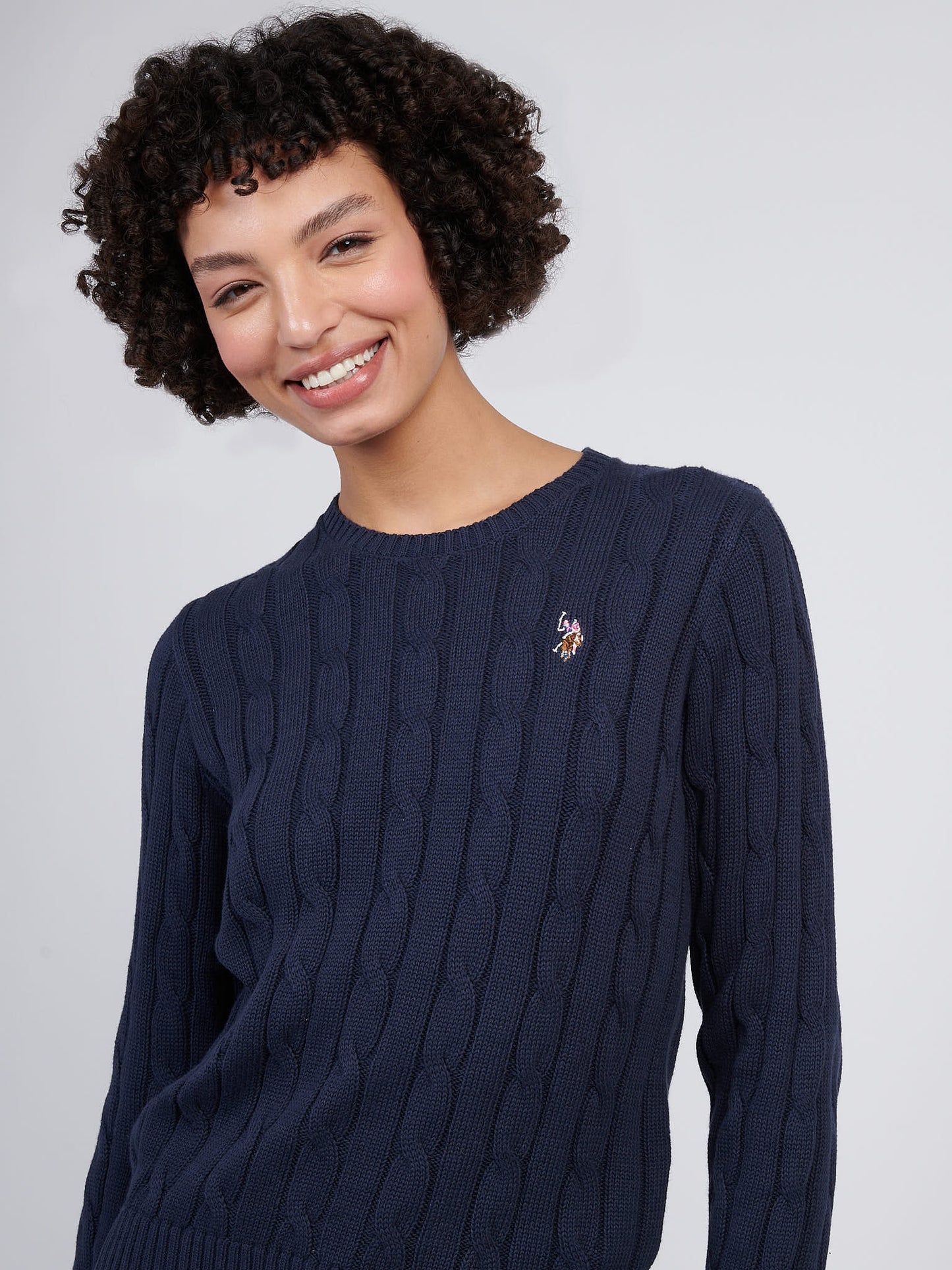 Womens Crew Neck Cable Jumper in Navy Iris