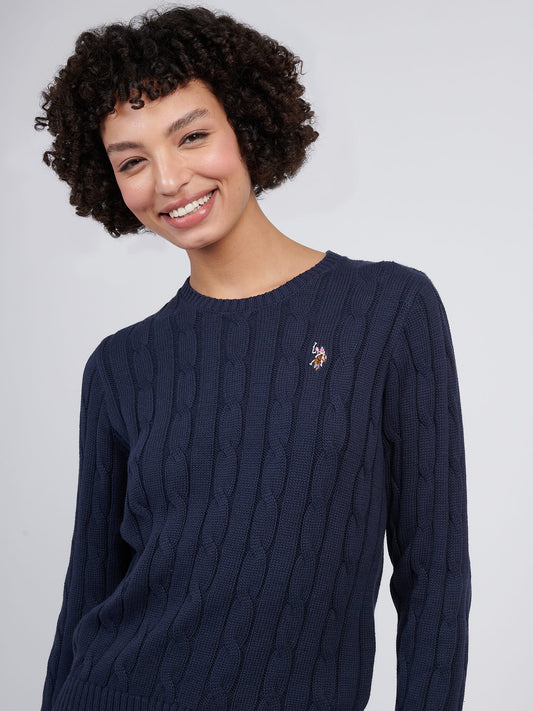 Womens Crew Neck Cable Jumper in Navy Iris