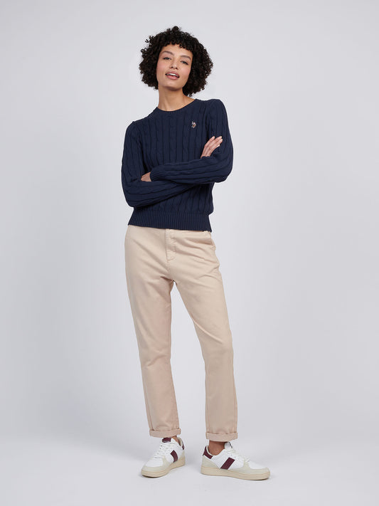 Womens Crew Neck Cable Jumper in Navy Iris