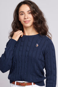 Womens Crew Neck Cable Knit Jumper in Navy Iris