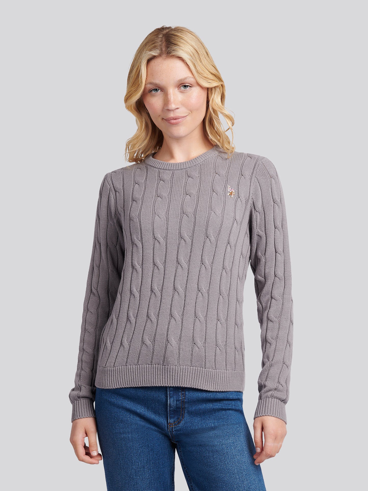 Womens Crew Neck Cable Jumper in Silver Filigree