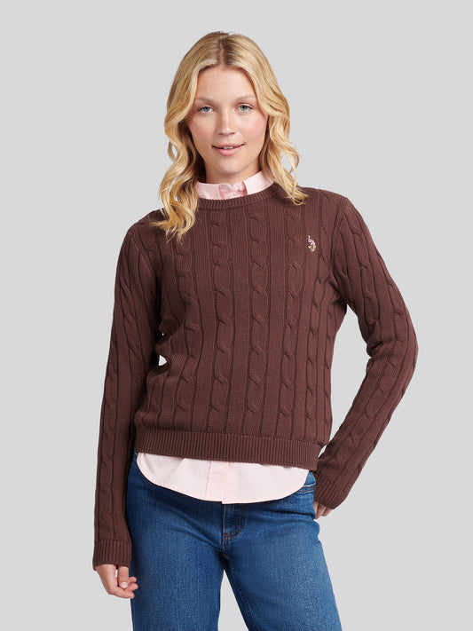 Womens Crew Neck Cable Jumper in Puce