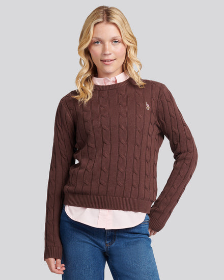 Womens Crew Neck Cable Jumper in Puce