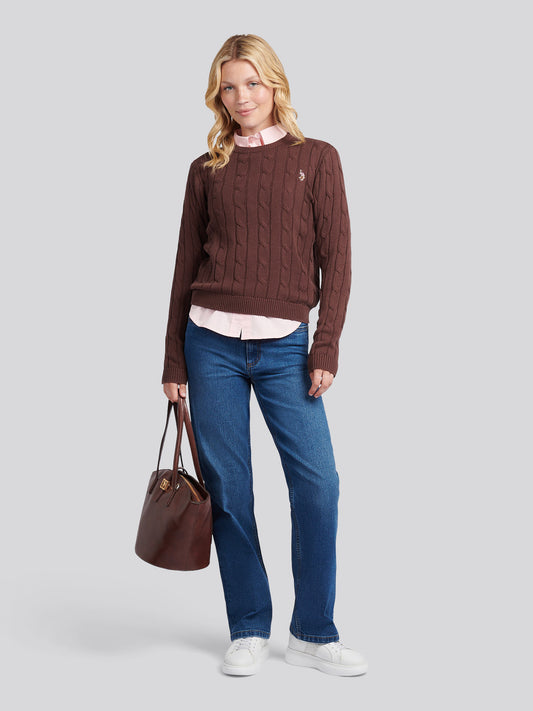 Womens Crew Neck Cable Jumper in Puce