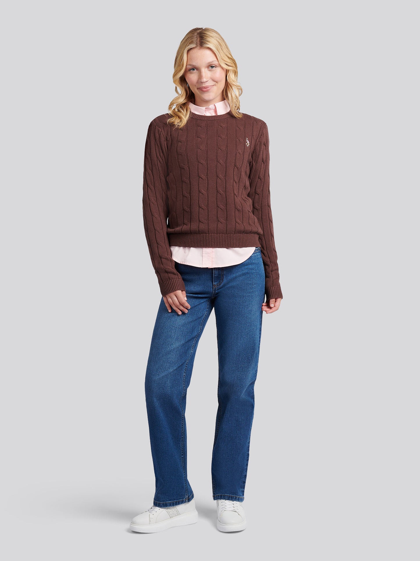 Womens Crew Neck Cable Jumper in Puce