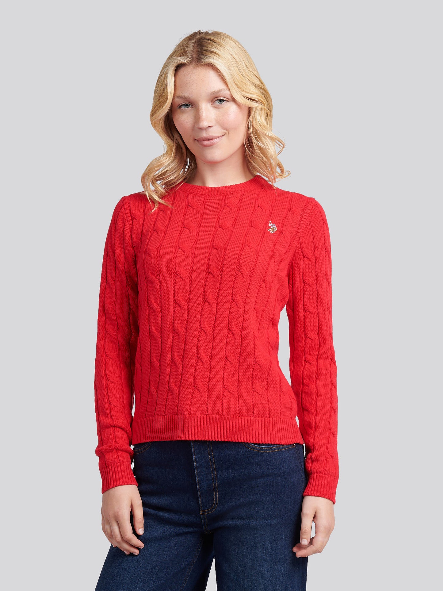 Womens Crew Neck Cable Jumper in Jalapeno Red