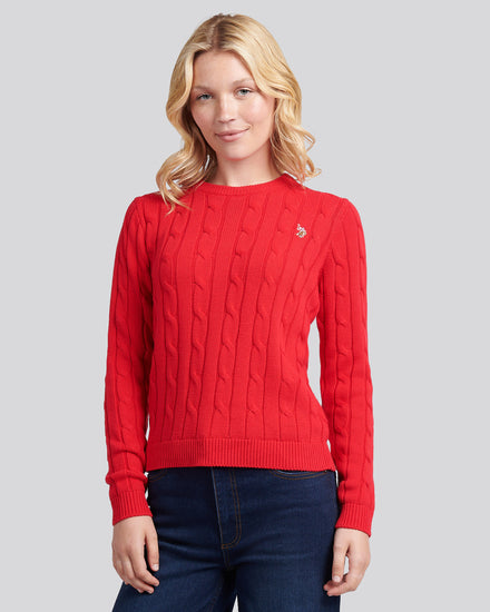Womens Crew Neck Cable Jumper in Jalapeno Red