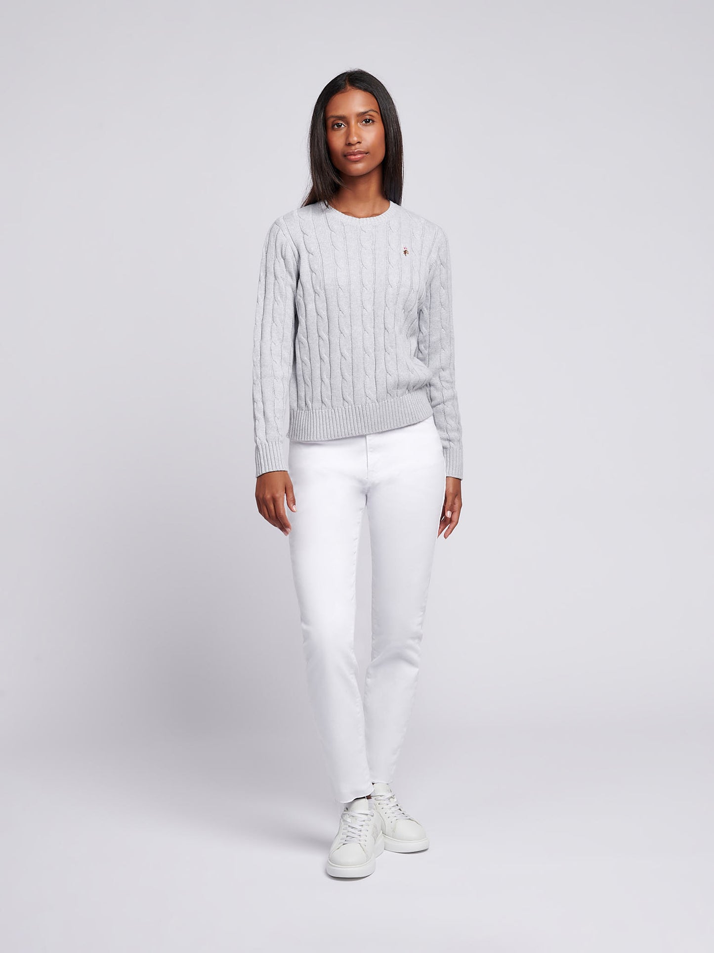 Womens Crew Neck Cable Jumper Pearl Grey Marl