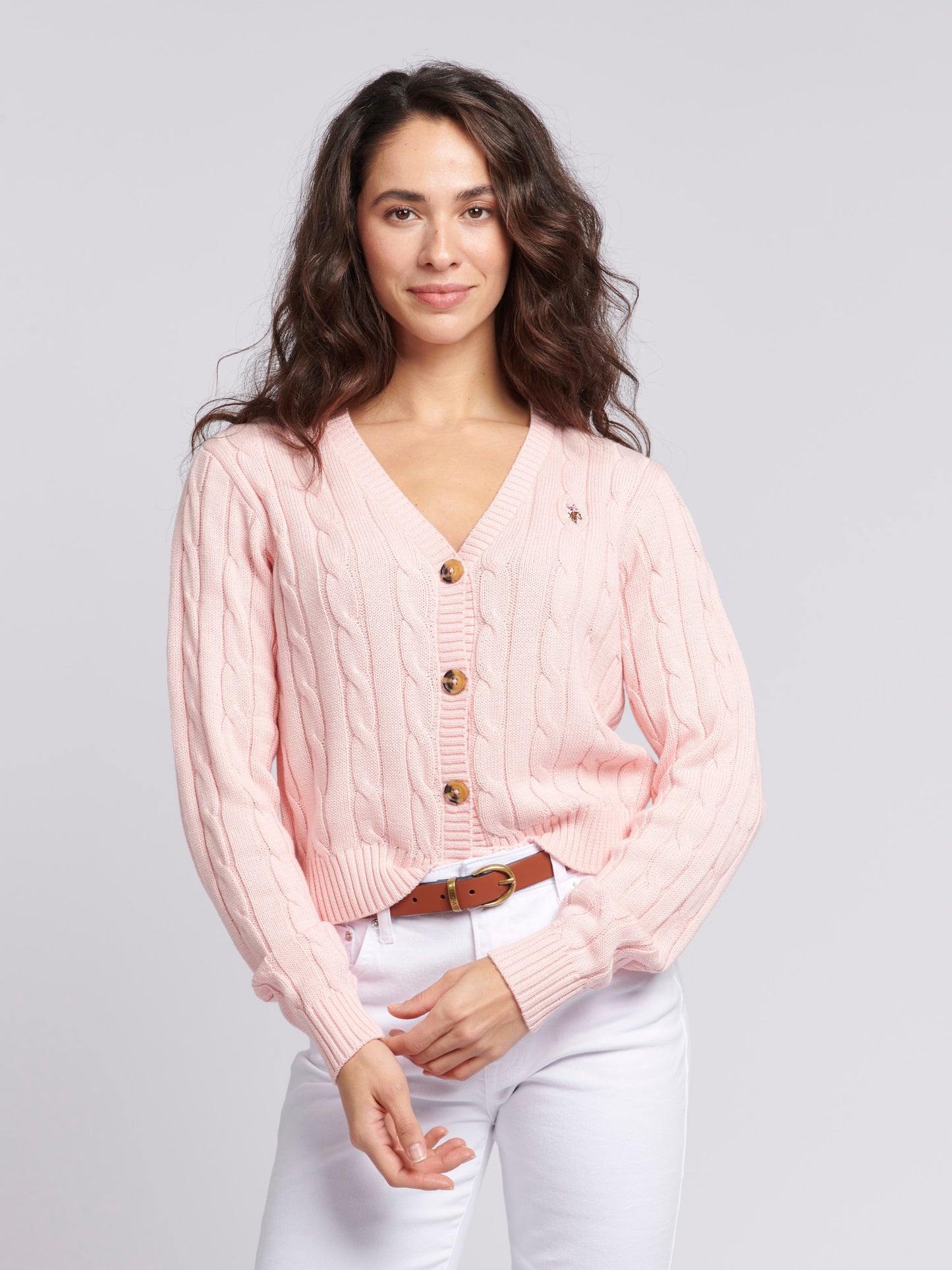 Womens Cable Knit Cardigan in Crystal Rose