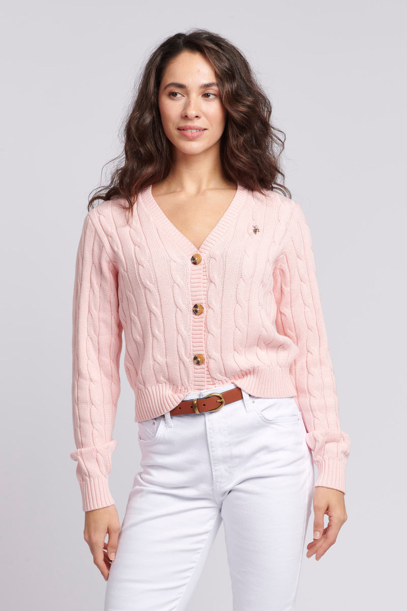 Womens Cable Knit Cropped Cardigan in Crystal Rose