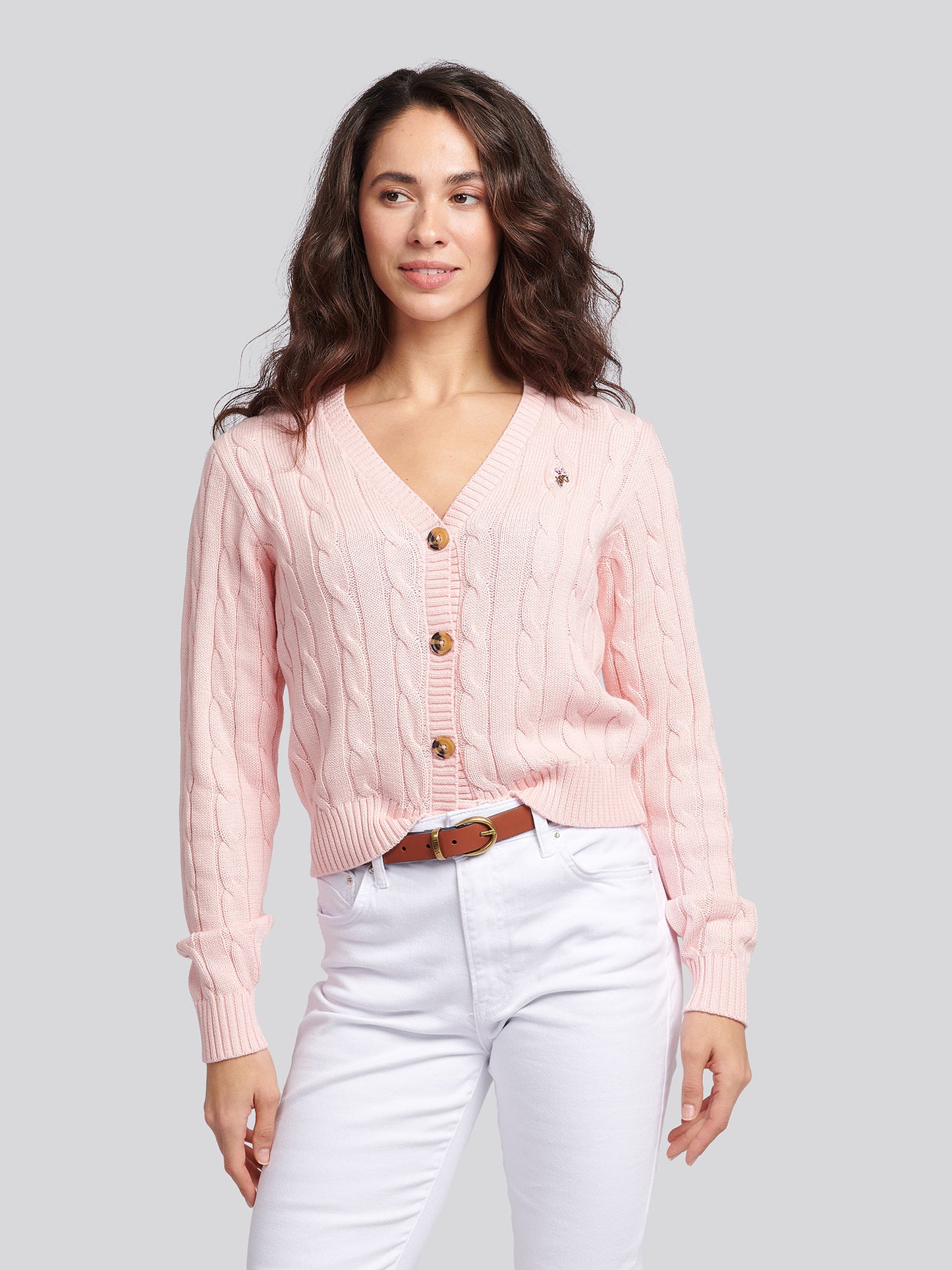 Womens Cable Knit Cardigan in Crystal Rose