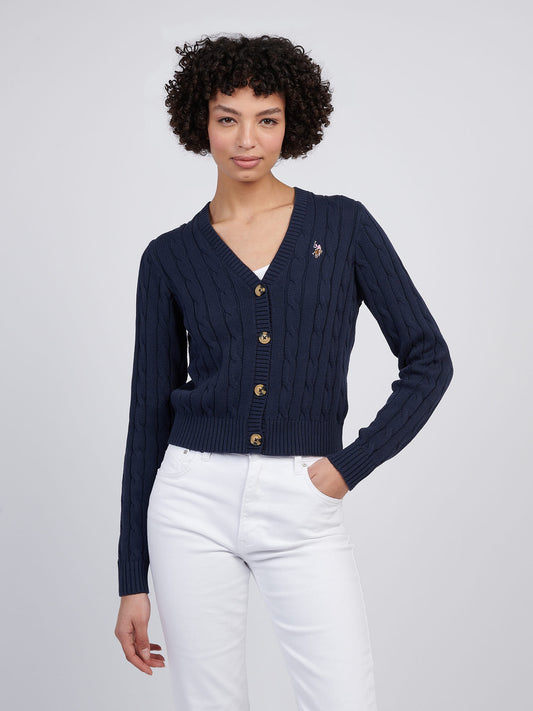 Womens Cable Knit Cardigan in Navy Iris