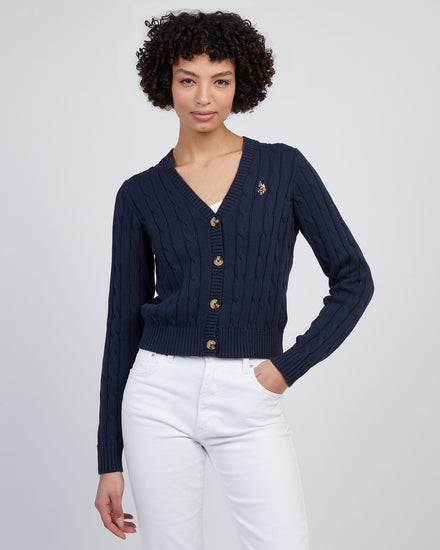 Womens Cable Knit Cardigan in Navy Iris