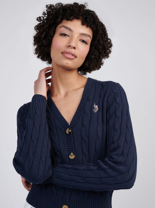 Womens Cable Knit Cardigan in Navy Iris