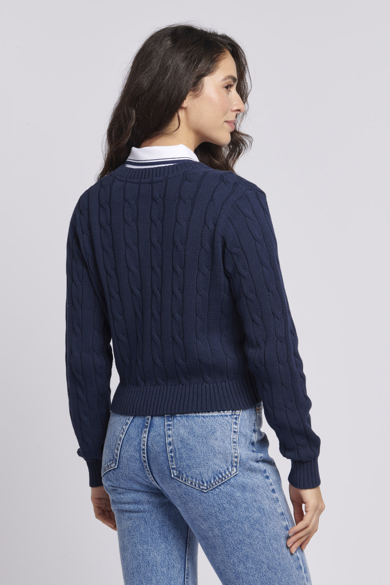 Womens Cable Knit Cropped Cardigan in Navy Iris