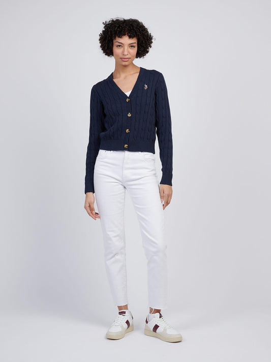 Womens Cable Knit Cardigan in Navy Iris