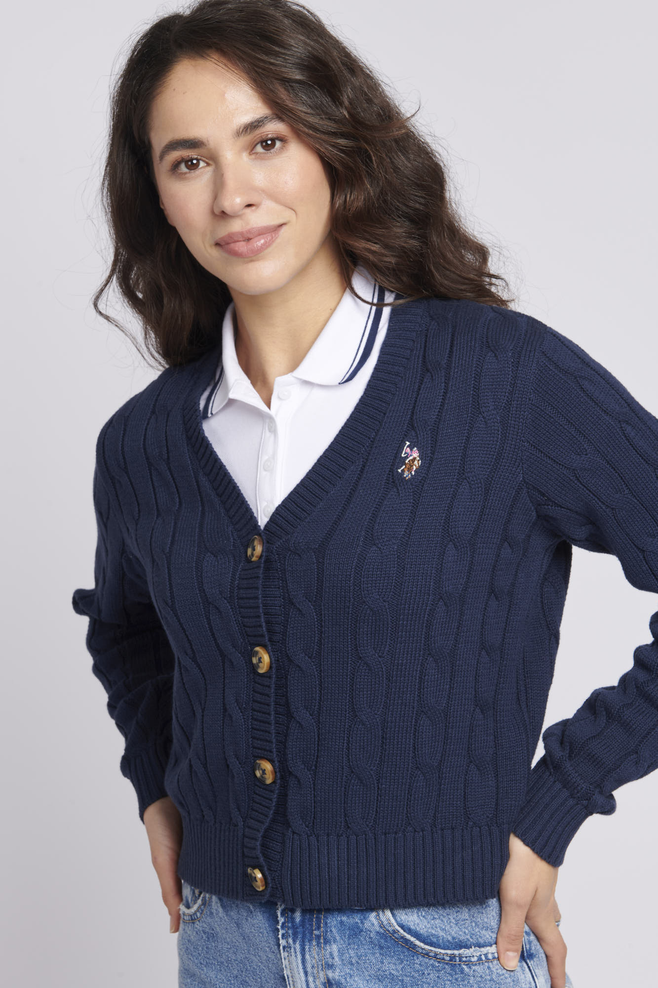 Womens Cable Knit Cropped Cardigan in Navy Iris